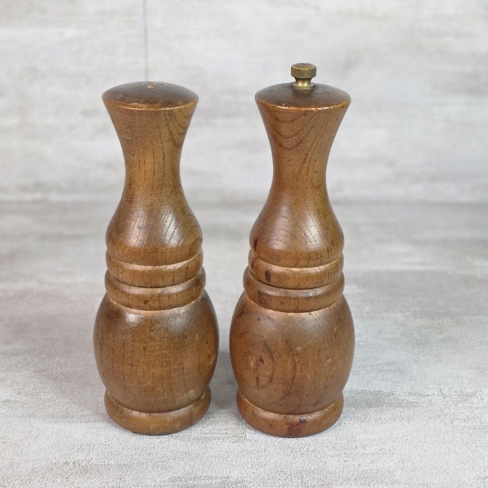 Vintage MCM 6" Turned Wood Salt Shaker and Pepper Grinder Set, Made in Japan